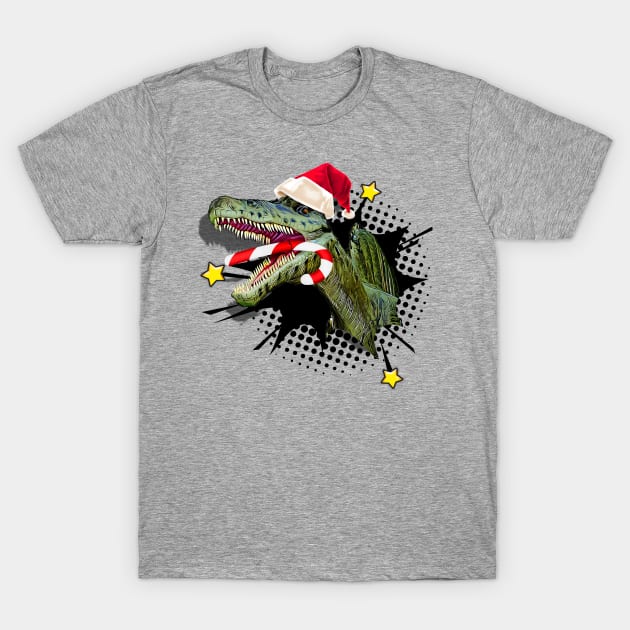 Dinosaur T-Rex with Santa Hat and Candy Cane Christmas T-Shirt by Dibble Dabble Designs